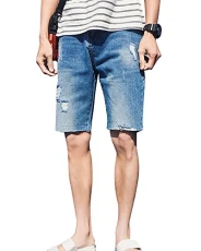 Mens Ripped Destroyed Distressed Denim Shorts Stretch Slim Fit Half Jeans Shorts Blue 32