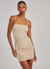 Strappy Gathered Slinky Mini Dress  - 6  - Stone