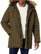 Men's Heavyweight Hooded Parka Jacket with Removable Faux Fur Trim, Olive, Medium