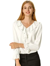 Women's Ruffle Blouse for Business Work Elegant V Neck Long Sleeve Casual Dressy Top, White, 3XL