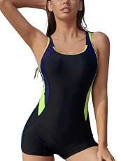 Women Athletic One Piece Swimsuit Boyleg Color Block Sport Swimwear Racerback Bathing Suits