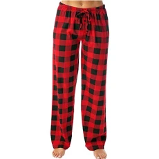 Pyjama Bottoms Womens Autumn Winter Plaid Printed Pyjamas Wide Leg Straight Trousers Full Length Casual Trousers Woemens Pyjamas Elasticated Waist Drawstring Womens Loungewear Women's Nightwear Red